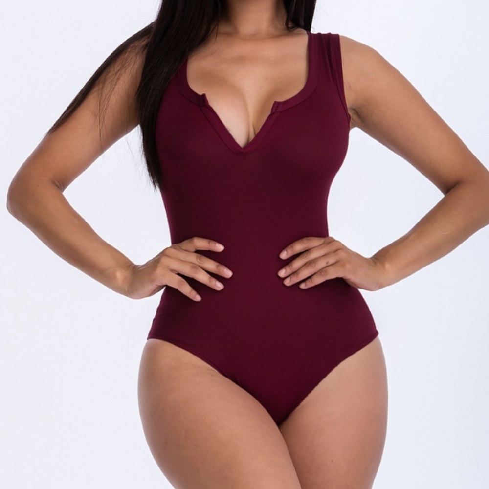 Burgundy Split Neck Bodysuit - Picture 2 of 2